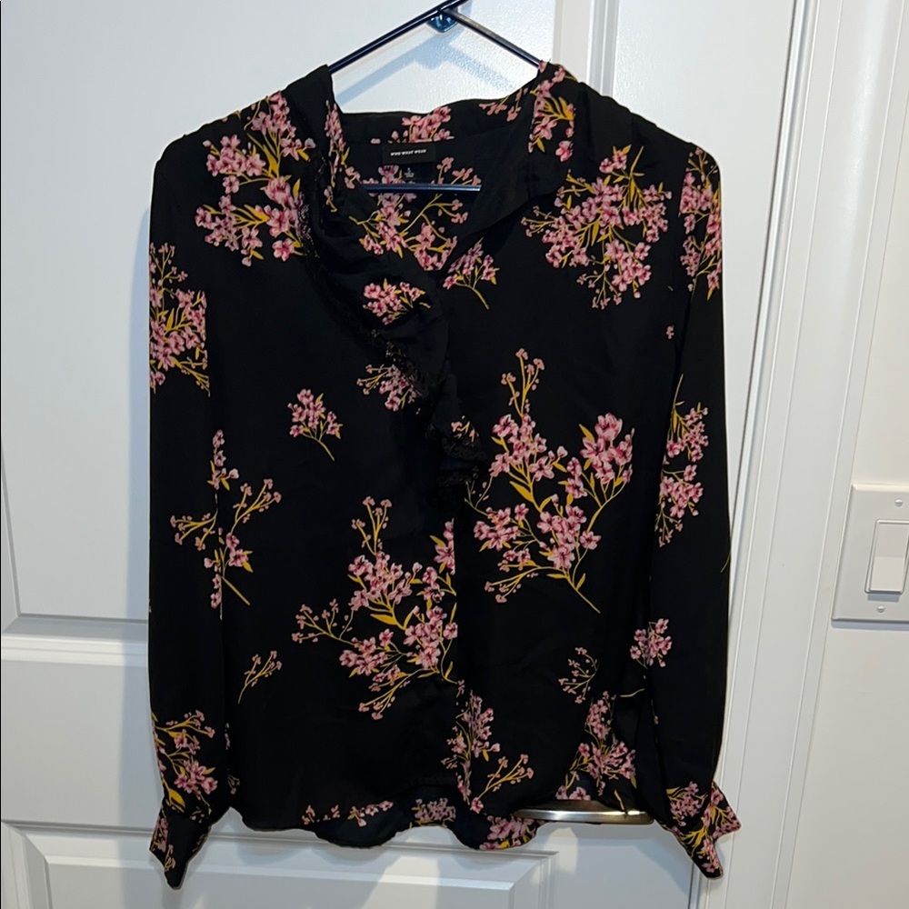 Who What Wear Mandarin Collar Black and Orange Blouse